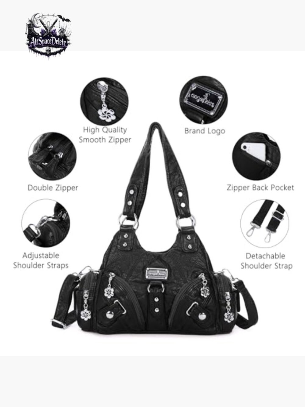 Small Vegan Leather Hobo Tote with 7 Pockets, Adjustable Strap, Zipper Closure - Picture 5 of 7